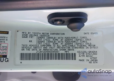 2005 Lexus Gx 470 z USA, uszkodzony, nr VIN JTJBT20X850085067